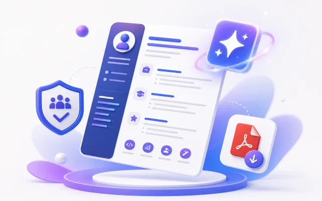 رسم ثلاثي الأبعاد لمنشئ سيرة ذاتية بالذكاء الاصطناعي مع مستند CV وشارة ATS وتحميل PDF — إنشاء سيرة ذاتية للوظائف