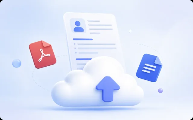 رسم ثلاثي الأبعاد لرفع السيرة الذاتية CV عبر السحابة مع ملفات PDF وDOCX — رفع السيرة الذاتية للتوظيف